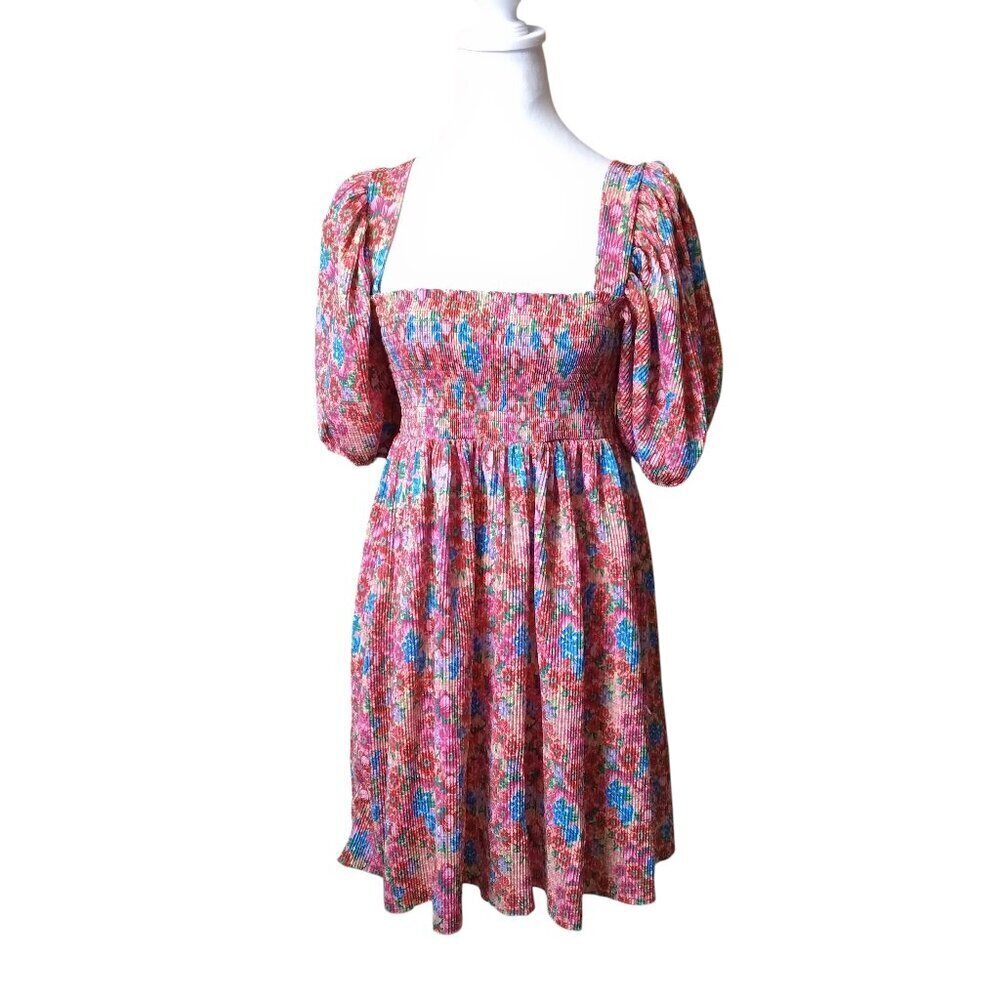 Zara Women's Medium Smocked Floral Puff Sleeve Dress Fit & Flare Boho Peasant